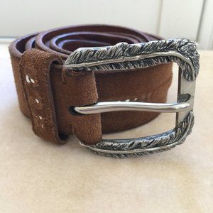 JOHN VARVATOS Mens ITALY Suede Leather Belt Silver Buckle Brown Sz 40 $248 NEW